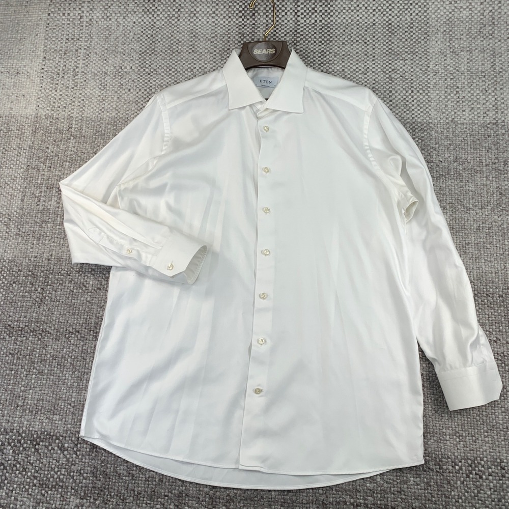 Eton Dress Shirt Mens 18 White Contemporary Fit Twill Spread Collar Button Up